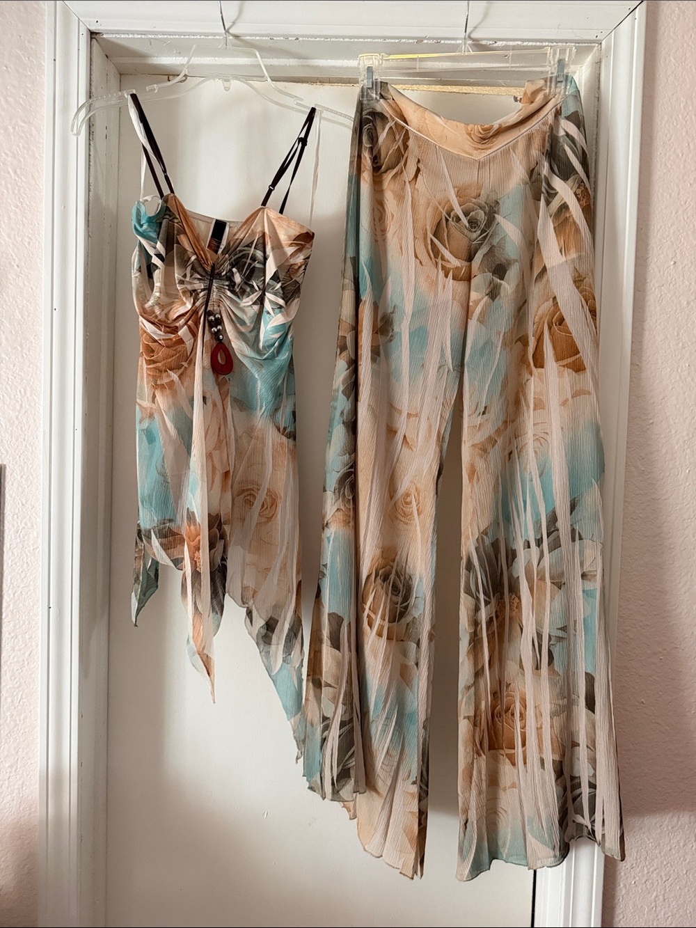 Floral Two-Piece Sheer Tank & Wide-Leg Pants Set - Blue, Cream, Tan